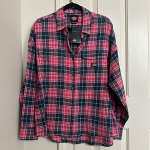 Dickies Women's Relaxed Fit Plaid Flannel Shirt - Pink & Teal - Size Large